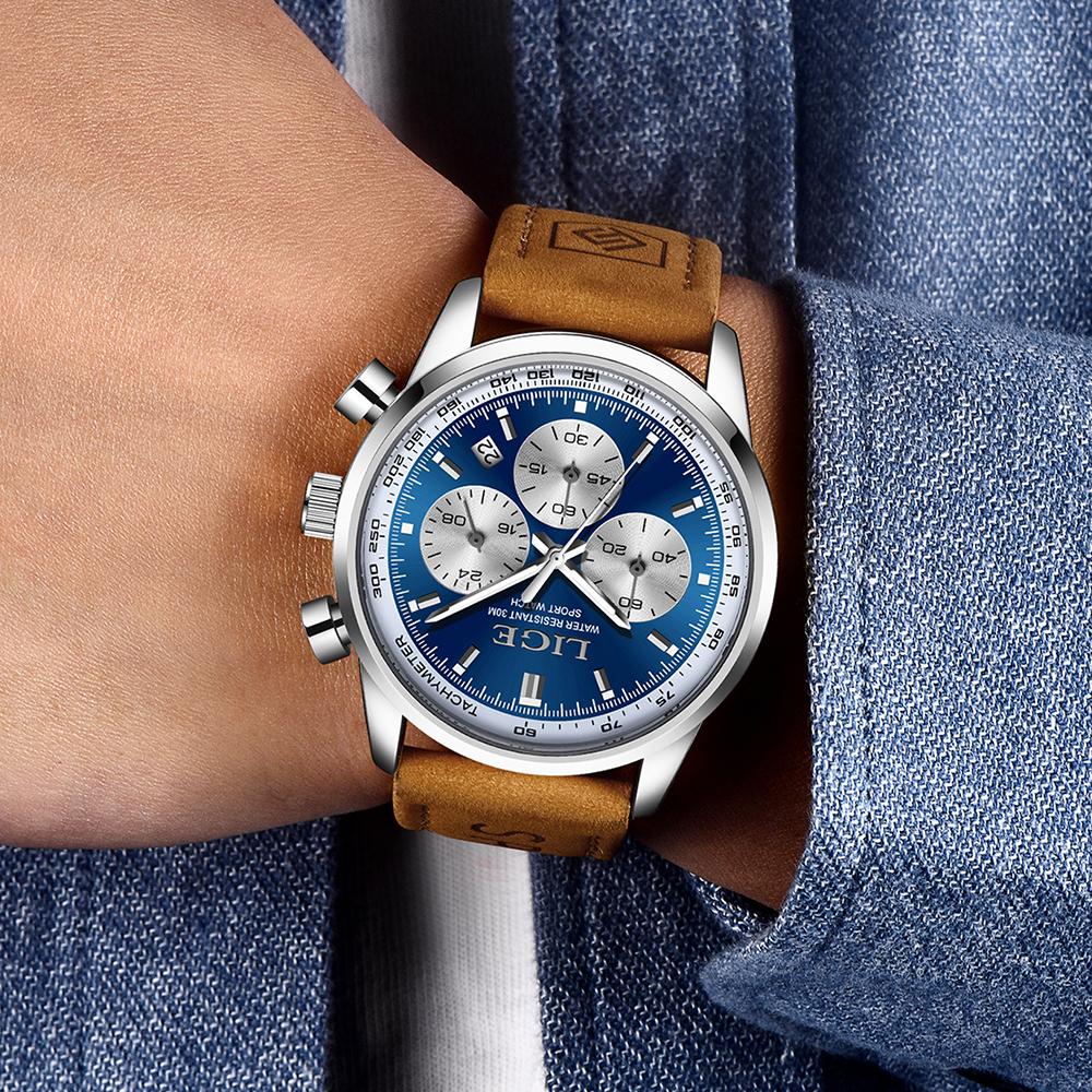 LIGE Men Watch High Quality Luxury Waterproof Chronograph Luminous Men's Wristwatch Leather Quartz Watches For Men Casual Clock