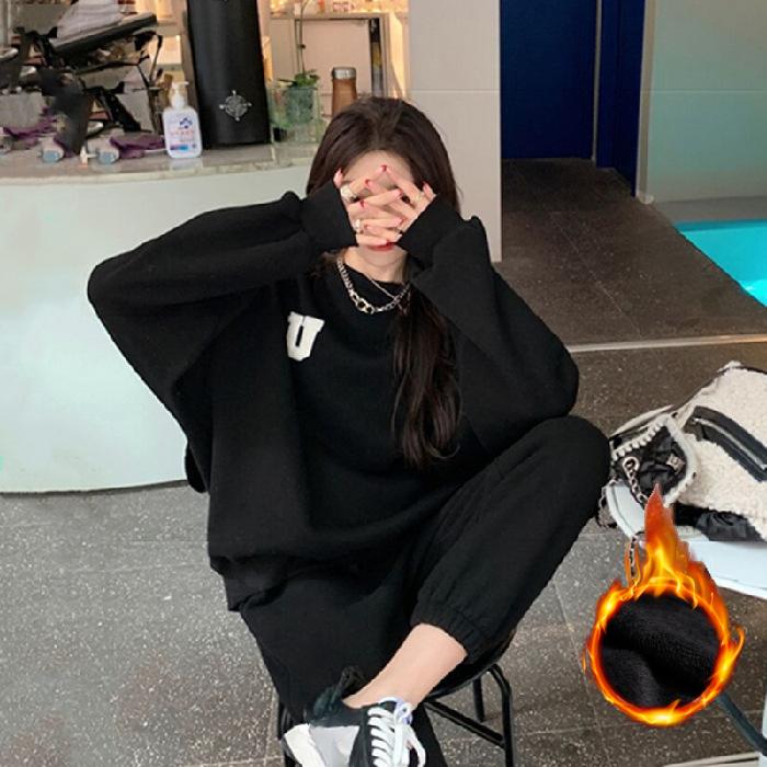 Plus Velvet Thickened Casual Fashion Sports Suit Women's Autumn and Winter Loose Sweater Trousers Two-piece Suit