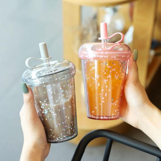 Герметичная чашка для холодного кофе, многоразовая прямая пипеточная чашка со встроенными соломинками, двухстенный изолированный стакан для холодного кофе, мультяшная чашка для питья