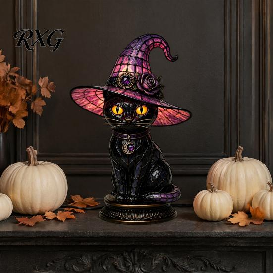 Dark Aesthetic Gothic Ornament Black Cat Witch Hat Table Lamp, with Dreamy Purple Light, Lamp Retro Halloween Ornament, for Bedroom Bedside