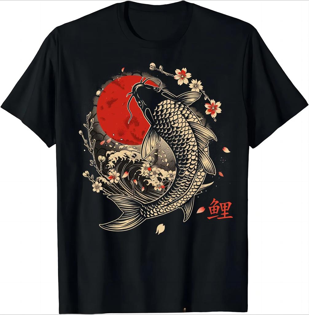Cherry Blossom Koi Carp Fish Japanese Sakura Graphic Art TShirt Fashion Oneck Tops Tees Tshirt Women Fitness T Shirt Fashion