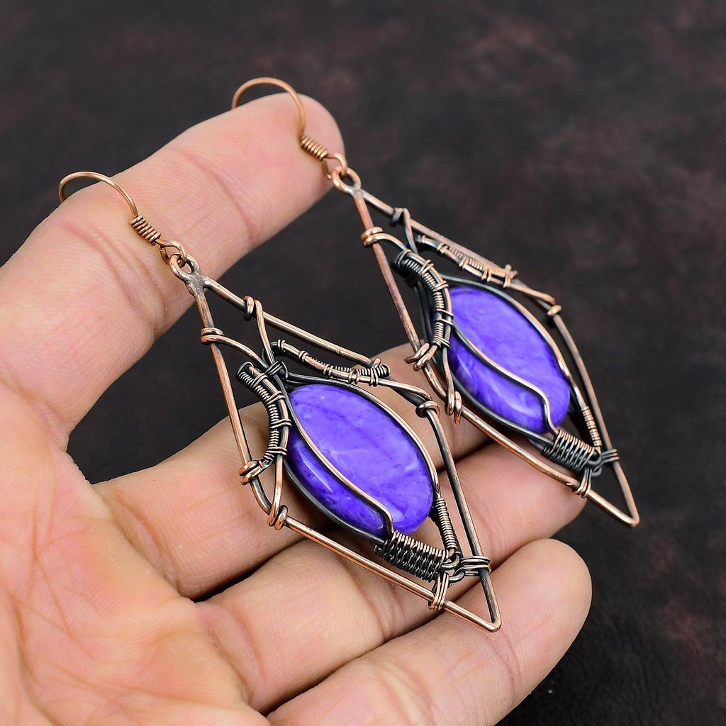 Серьги из чароита, серьги из медной проволоки с драгоценными камнями, ювелирные изделия из чароита, серьги-подвески ручной работы, уникальные ювелирные изделия, подарок на годовщину, ювелирные изделия из меди