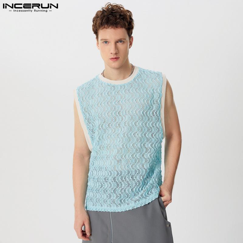 INCERUN Мужские сетчатые майки без рукавов с кружевным лоскутным узором, летний жилет