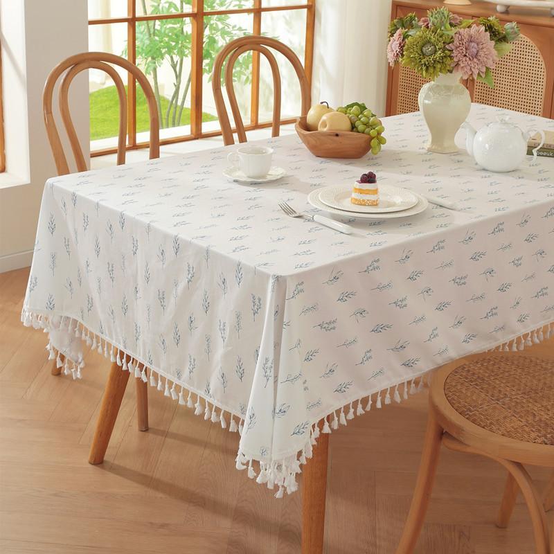 Хлопок С принтом Маленький Свежий Зеленый Растение Цветы Листья Листья Лотоса Кромка Кромка Гриба Бахрома Скатерть для Кофейного Столика Скатерть для Обеденного Стола