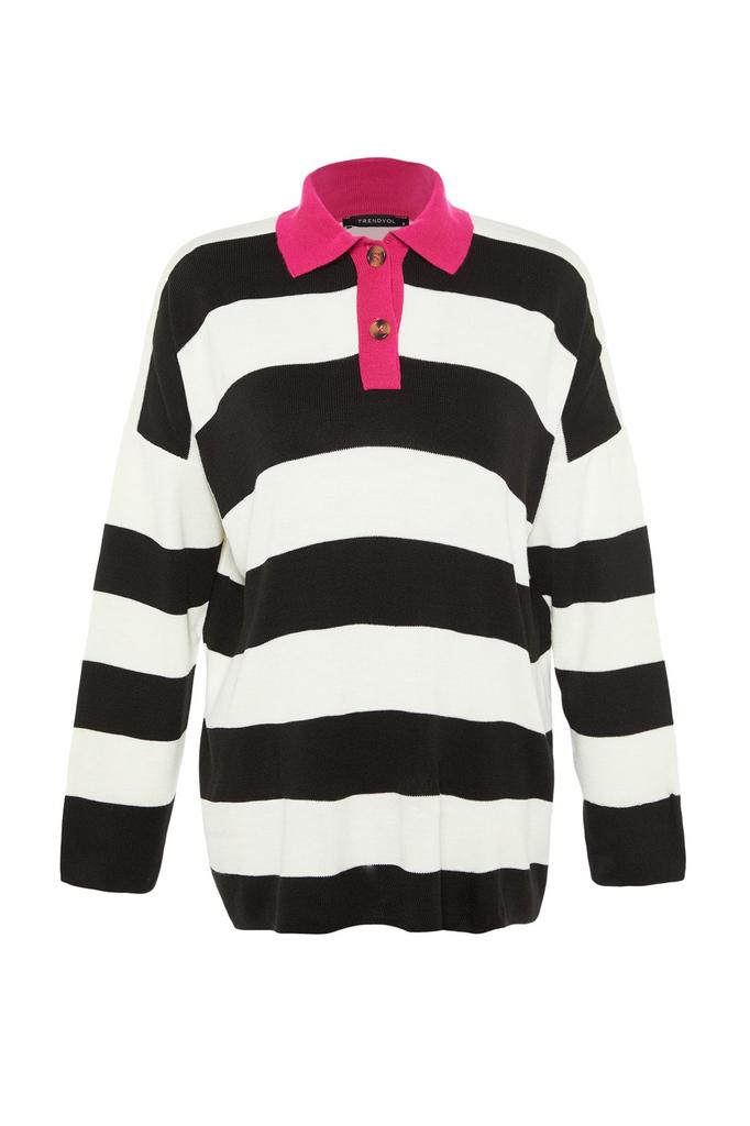 Women's Fashionable Stylish Hijab Sweater Black Striped Polo Neck Knitwear Sweater