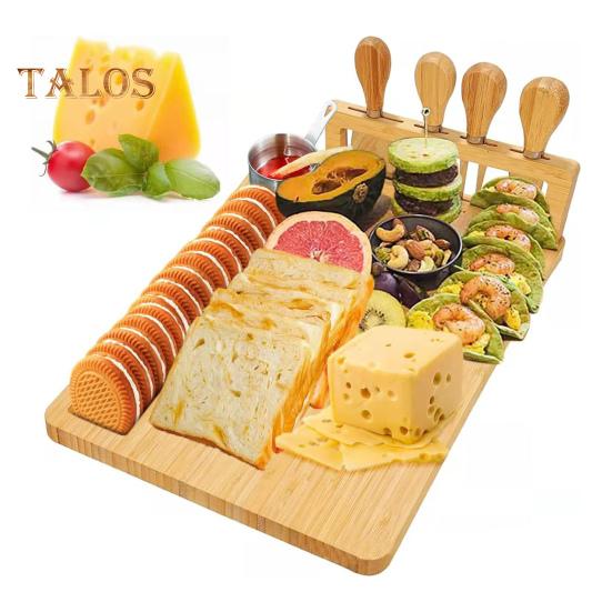 Набор бамбуковых сырных досок с 4 резаками и держателями резаков, пазами для соусов, закусок, деревянный поднос, универсальное блюдо для развлечений