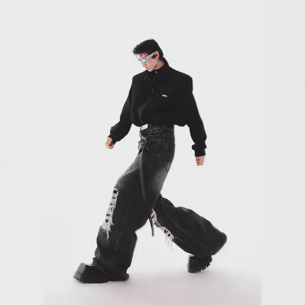 Мужские джинсы American Retro с двойной талией и рваными нашивками — прямые, свободные брюки