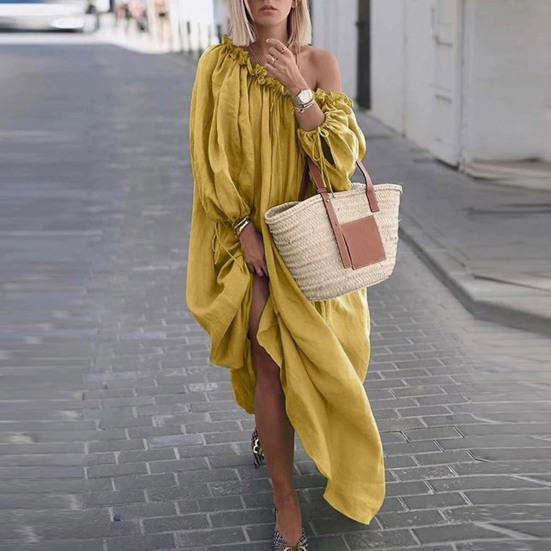 Женское платье с наклонным вырезом и длинными рукавами-фонариками, свободный однотонный плиссированный длинный пляжный халат макси для отдыха