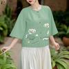 Women Casual Round Neck 3/4 Sleeve Loose Floral Blouse