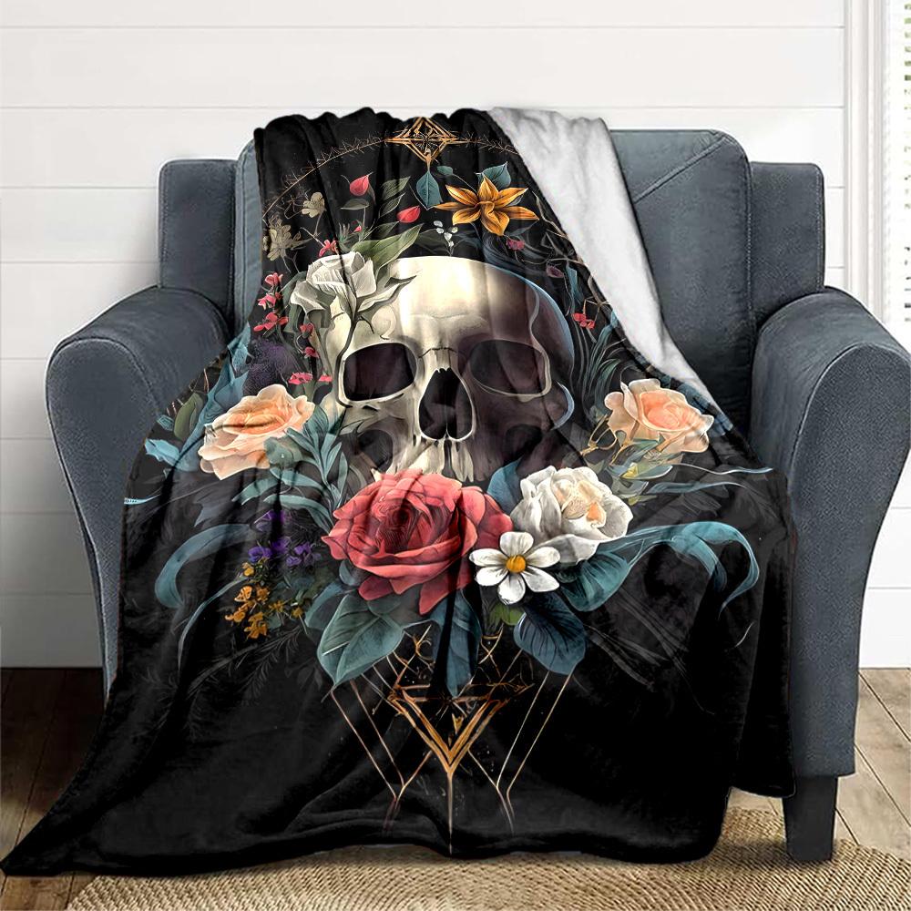 1pc Skull Flowers Blanket, Lightweight Flannel Fleece with Digital Printing, Soft Warm for Sofa, Travel, Camping, Office, Couch, Chair, and Bed, All-S