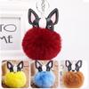 Fashion Fluffy Rabbit Fur Ball French Bulldog Keychain Pompom Key Chain PU Leather Animal Dog Keyring Holder Bag Charm Trinket Chaveiros