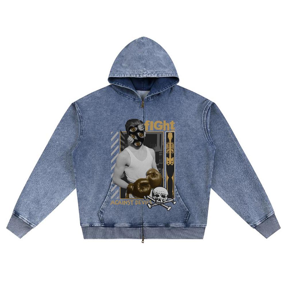 DTG Print Knitted Denim Zip-Up Hoodie Fight Brother Print Zipper Hoodies  