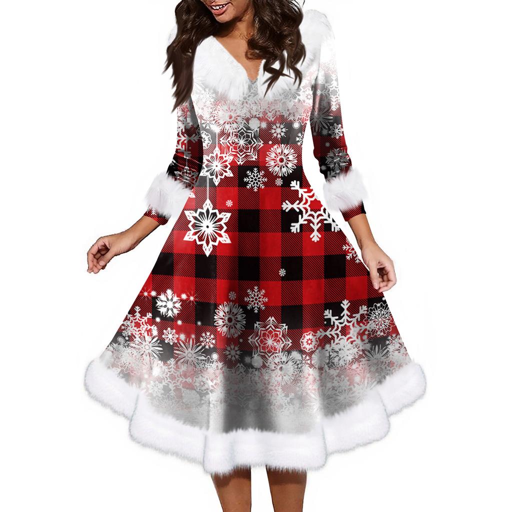 Women's Fashion V-neck Casual Fit Christmas Print Party Long Sleeve Dress