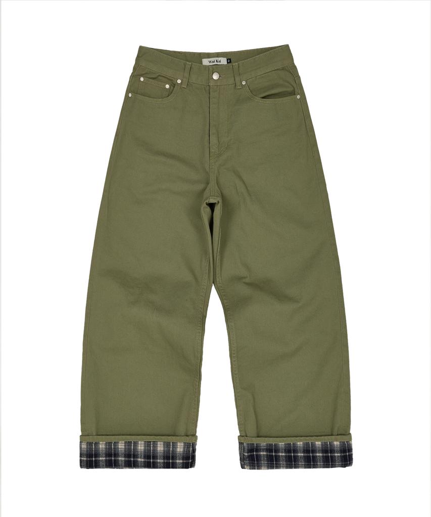WAIKEI Check Applique Roll-Up Cotton Pants Khaki