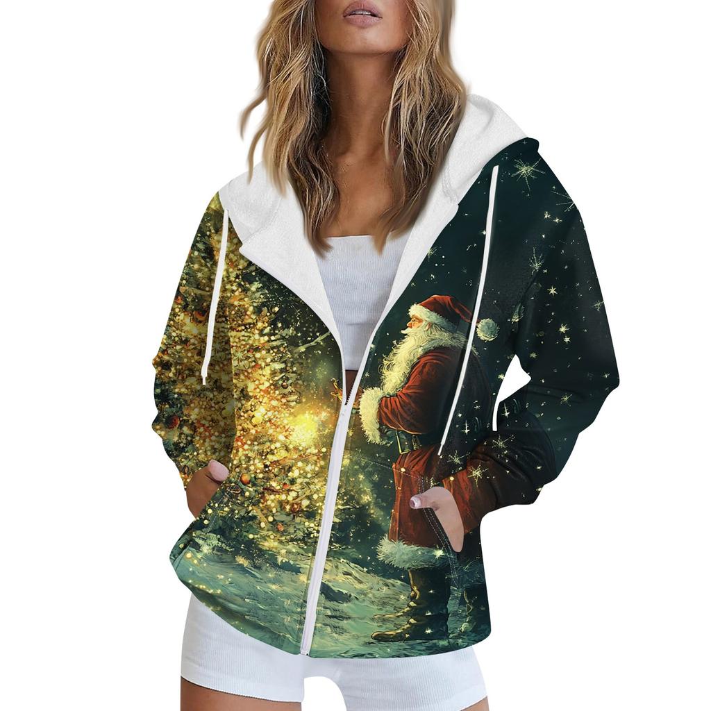 Women's Christmas Printed Sweatshirt Autumn Winter Long Sleeve Cardigan Jacket With Pockets Zipper Hoodie Outerwear