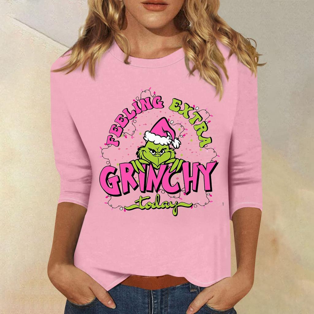 3/4 Sleeve Tops For Women T-Shirt Casual Christmas Print Tops T Shirt Round Neck Pullover Blouse