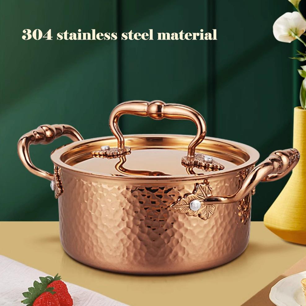Кастрюля из нержавеющей стали 304 с двумя ручками, утолщенная, с чеканным узором, одинарная кастрюля с крышкой, домашняя самонагревающаяся кастрюля для тушения, посуда