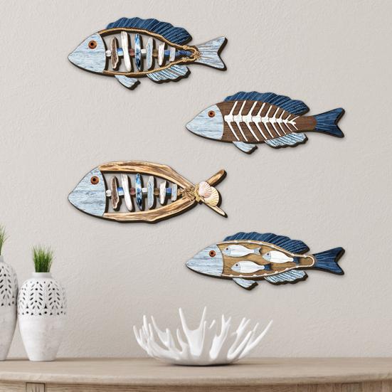 4 шт. Морская рыба в форме настенного украшения, ручная роспись, многоцветный дизайн, ручная работа, прибрежный декор, прибрежный