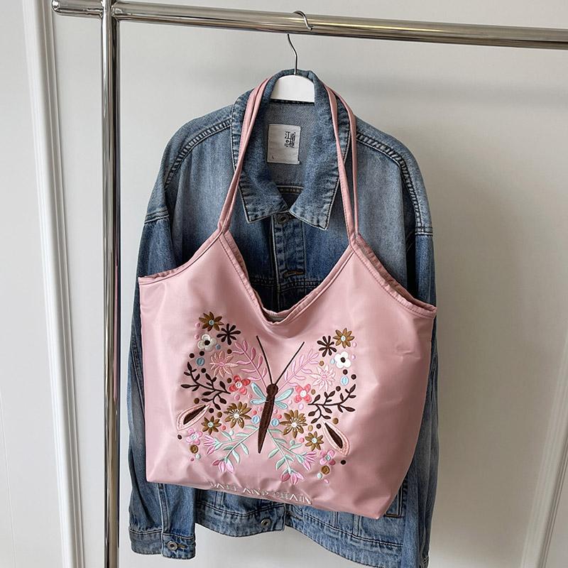 Summer New Fashionable Embroidered Shopping Bag Butterfly Style Single Shoulder Crossbody Handbag with Large Capacity