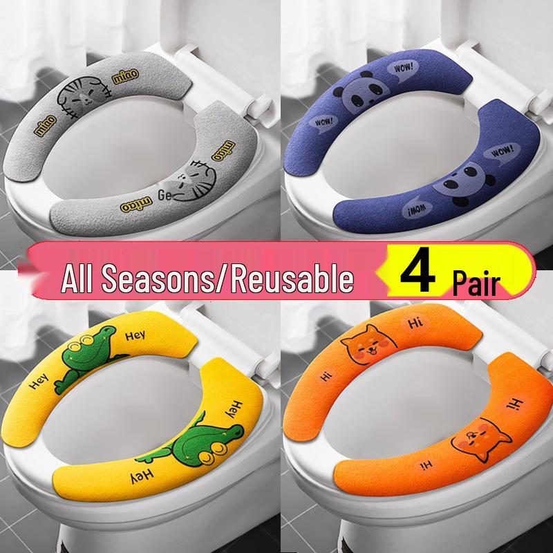 Four Seasons Cartoon Electrostatic Toilet Seat Cushion Pad - Warm, Thick, Adhesive, Universal Fit