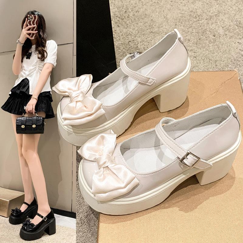 Туфли Мэри Джейн женские осень и зима 2024 новые круглый носок с бантом маленькие кожаные туфли толстый каблук платформа высокие каблуки