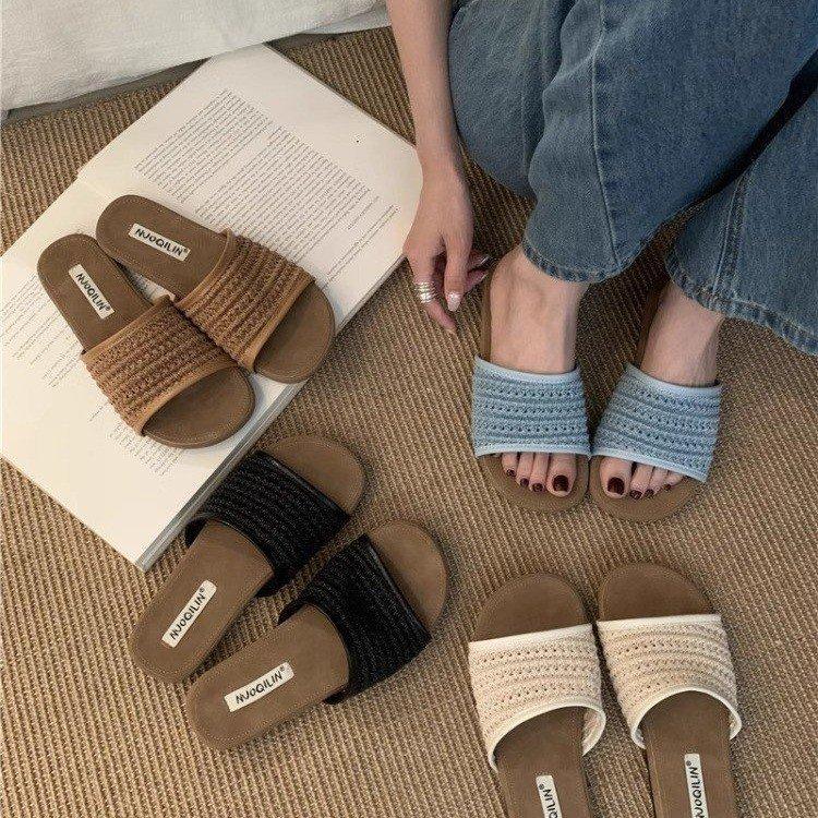 Summer Lazy Wind~ Woven Cross-Strap One-Word Slippers Women's 2025 Summer New Vacation Wind Flat-bottomed Cool Slippers