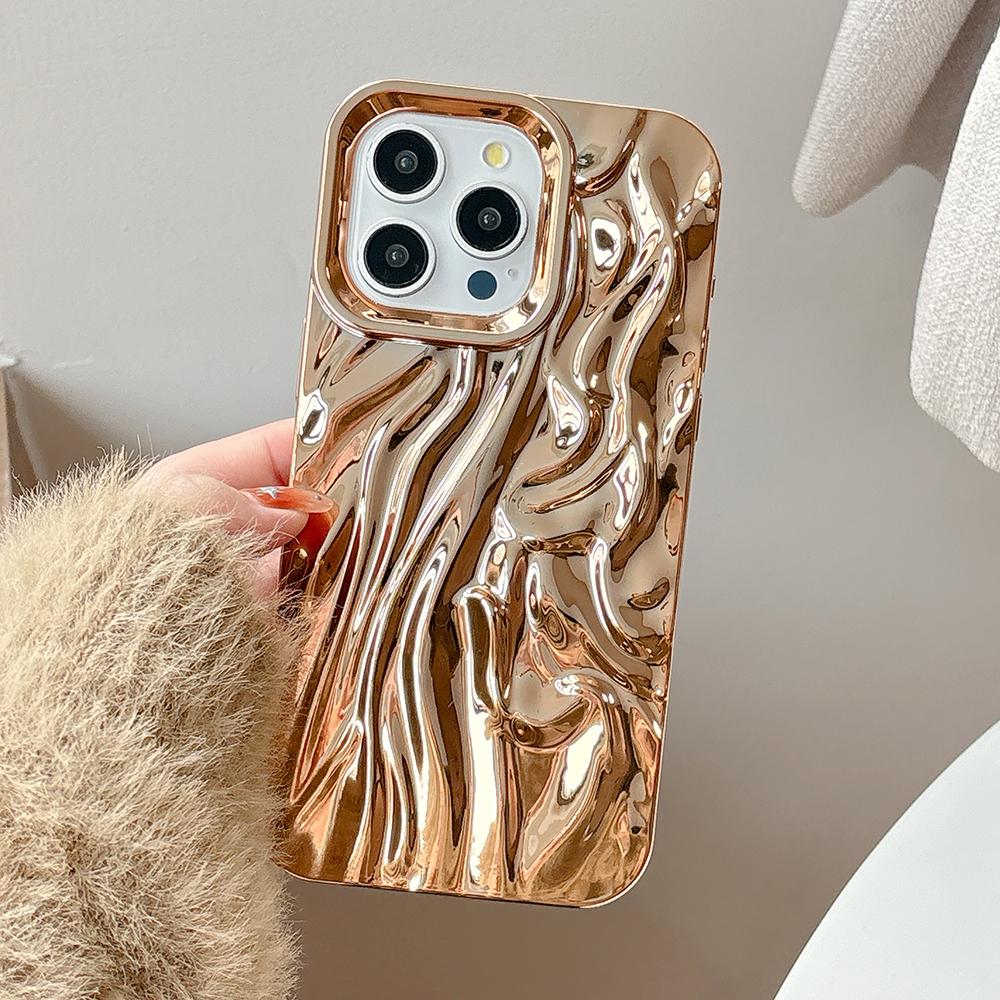 Золотой 3D Чехол для телефона с эффектом водной ряби Для iPhone 17 16 15 14 13 12 11 Pro Max Электроplated Ударопрочный Силиконовый Чехол
