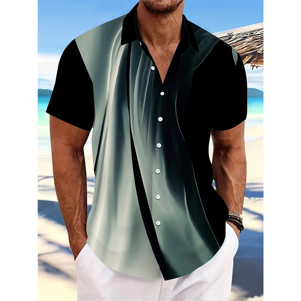 Men's Fashionable Geometric Printed Button Up Shirt Short Sleeved, Casual Hawaiian Style