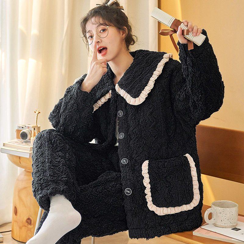 New Coral Fleece Pajamas Women's Autumn and Winter Pajamas Three Layers Thickened Plush Home Clothes Warm Cotton Home Clothes Set