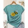 Elegant women's clothing gift with bee and small yellow flower forest green pattern print, round neck, short sleeves for spring, summer, and autumn T