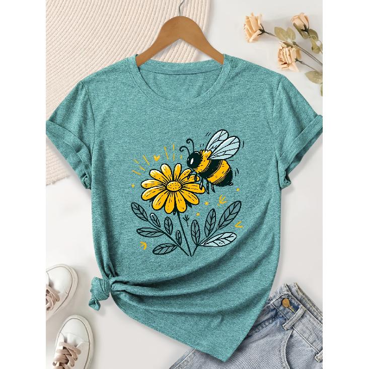 Elegant women's clothing gift with bee and small yellow flower forest green pattern print, round neck, short sleeves for spring, summer, and autumn T