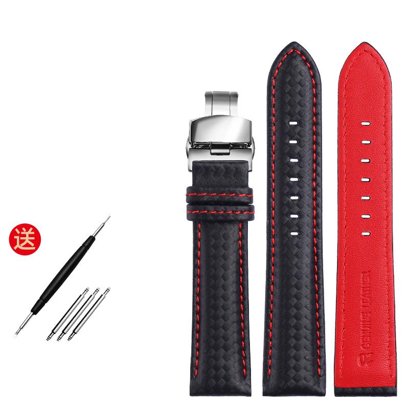 Genuine Leather Bracelet Carbon Fiber Grain Watchband Red Stitching 18mm 20mm 22mm Watch Band Strap Accessories Butterfly Buckle