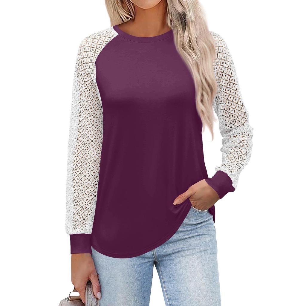 Women's  Long Sleeve  T Shirts Round Neck Lace Tops  Casual Blouses Trendy  Fashion Top