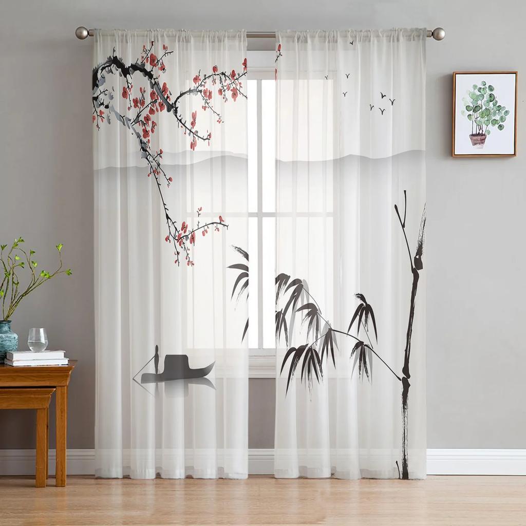 Ink Plum Blossom Flower Plant Tulle Sheer Curtains for Living Room Decoration Window Curtain for Bedroom Voile Organza Drapes