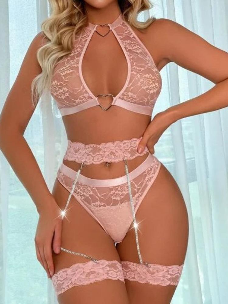 Naughty Sexy Lingerie Hot Mesh Embroidery Outfits Sexy Low Cut Bra with Thong Garters Belt Babydoll Sleepwear Ladies Exotic Sets