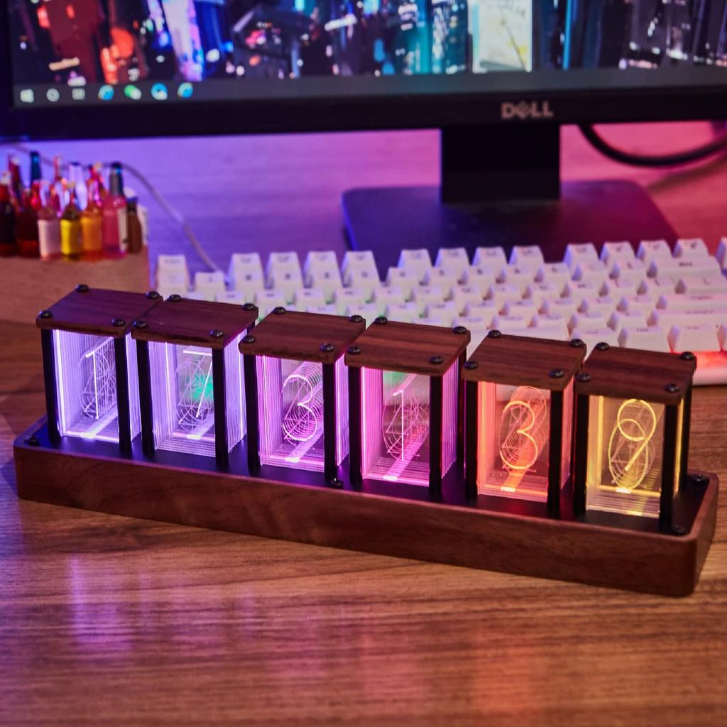 QuiExact Nixie Tube Retro Modern Desk Digital Alarm Clock with LED Adjustable Wooden Vintage Desk Glow Tube Stylish Retro Fashion 16 Million USB