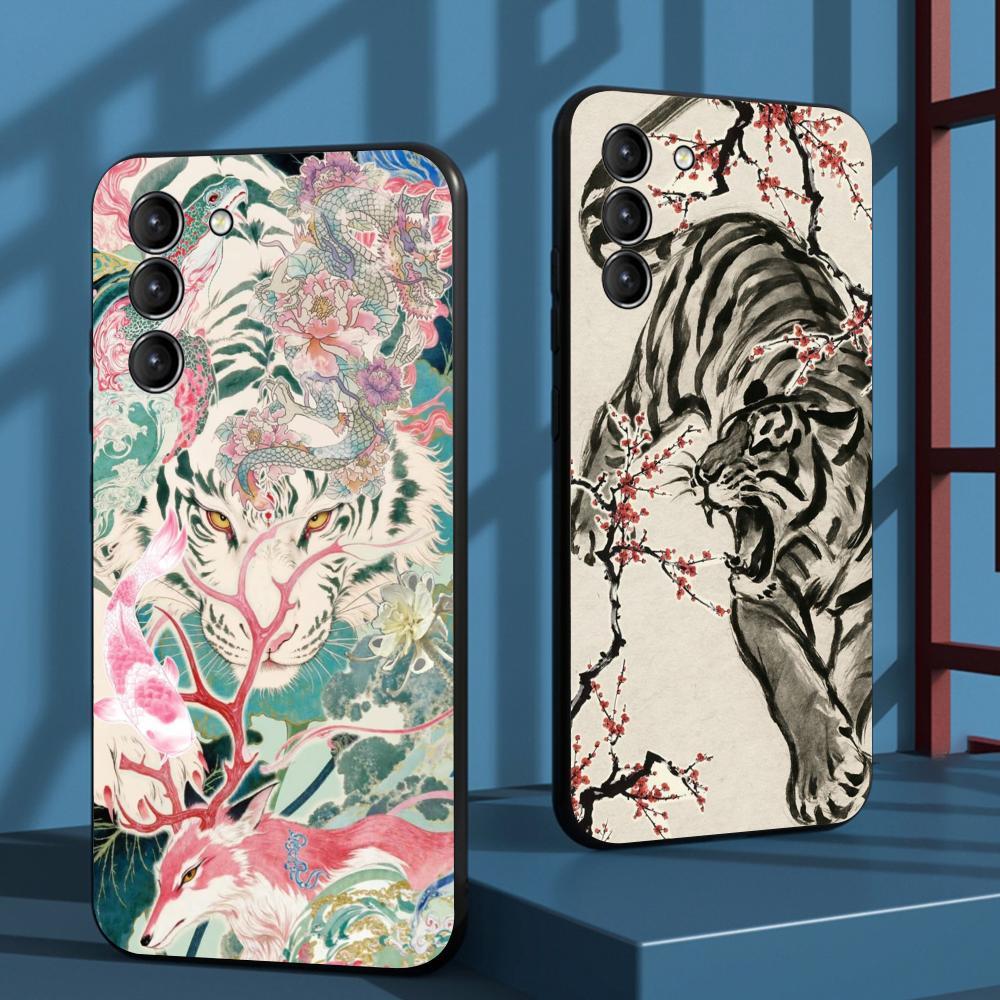 Чехол для телефона с рисунком в японском стиле «Белый тигр» Для Samsung Galaxy S26 S25 S24 S23 S22 S21 Plus Ultra Note20 Мягкий черный