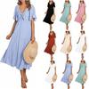 Popular Women's V-neck Bow Pleated Mid Length Short Sleeved Dress