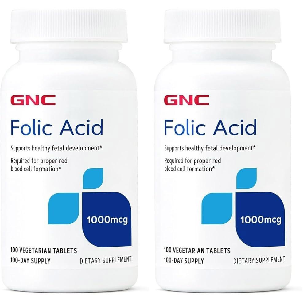 GNC Фолиевая кислота 1000 мкг Красные кровяные клетки 100 шт., Правильное развитие, Вегетарианский, Поддержка образования, Плод, 2 упаковки, Важная формула для младенцев