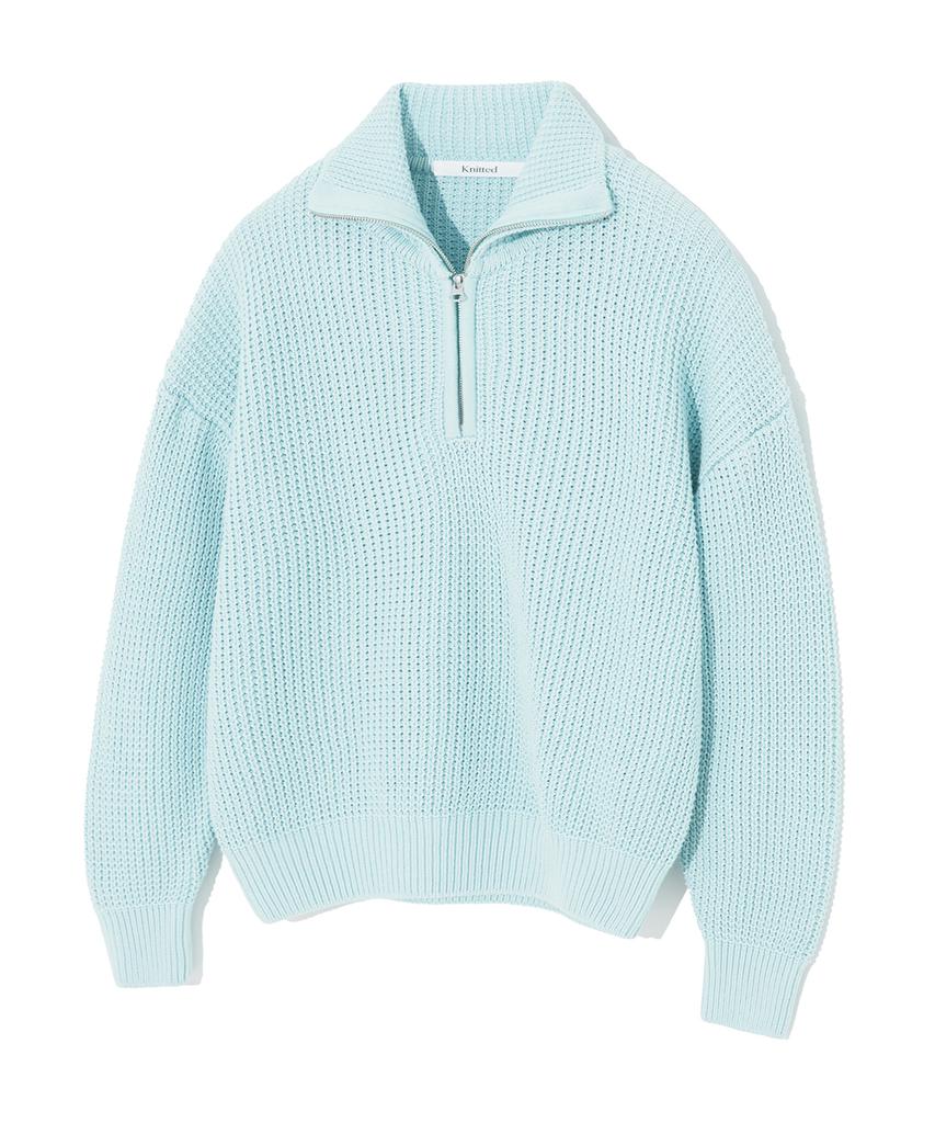 KNITTED Soft Cotton Heavy Waffle Half Zip Knit Sky Blue