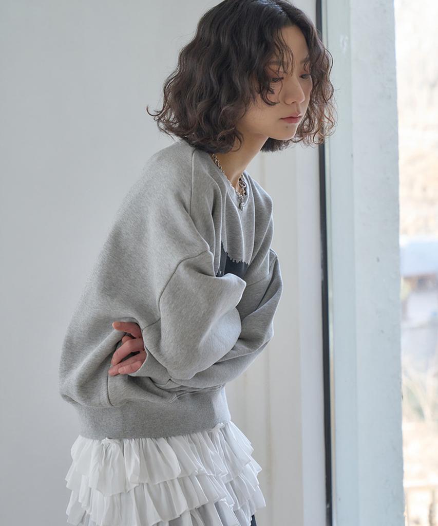 THE GREEN LAB Lovely Cat Crop Sweatshirt [Melange Gray]