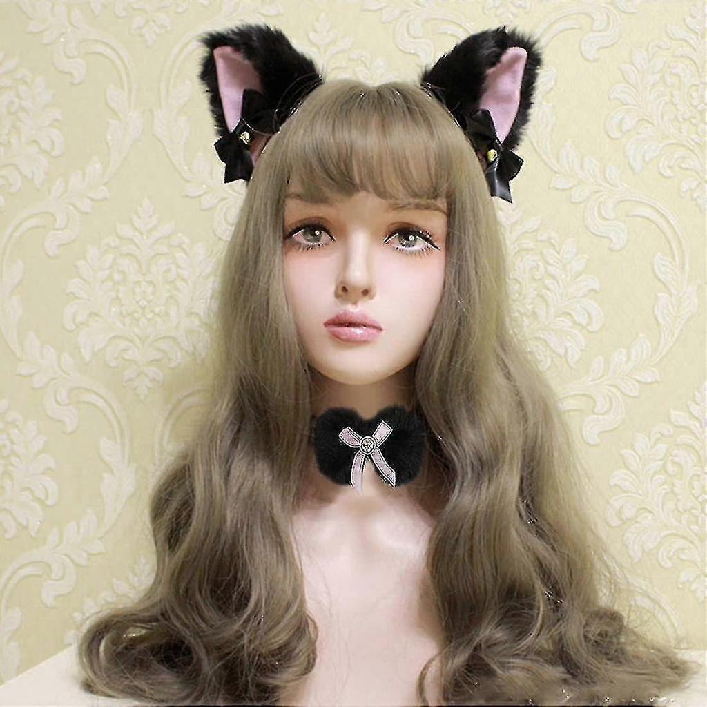 Cat Ears Headband Collar 2 Pcs With Jingle Bells Bows Lace Halloween Cosplay Costume Party Hairband (black)