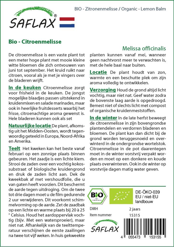 SAFLAX Garden in the Bag - Органический - Мелисса лекарственная - 1000 семян - С субстратом в подходящем стоячем пакете - Мелисса лекарственная