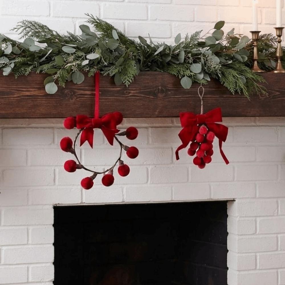 Wreath Shape Velvet Bow Christmas Ornament Christmas Pom Pom Pendant Winter Party Decoration