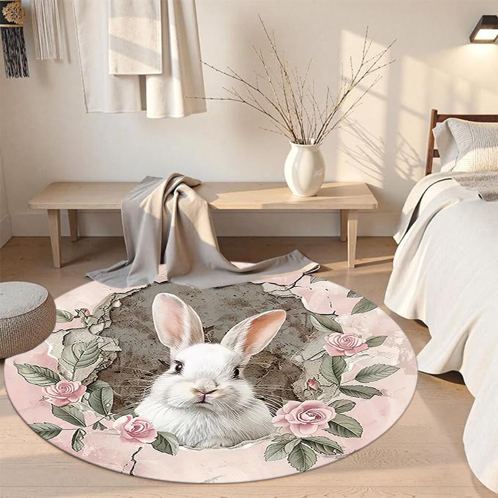Rabbit Round Floor Mat Perfect for Dining Room Balcony Hallway Kitchen Antislip Round Carpet Decorate Offices Perfect Gift for Women Men