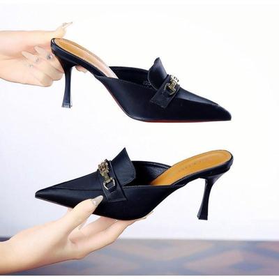 Мода 2024 Новые Принт Женские Туфли-лодочки Тапочки Мода Золотая Цепочка Сандалии Обувь Женские Острый Носок Слипоны Мюли Тонкий Низкий Каблук Шлепанцы