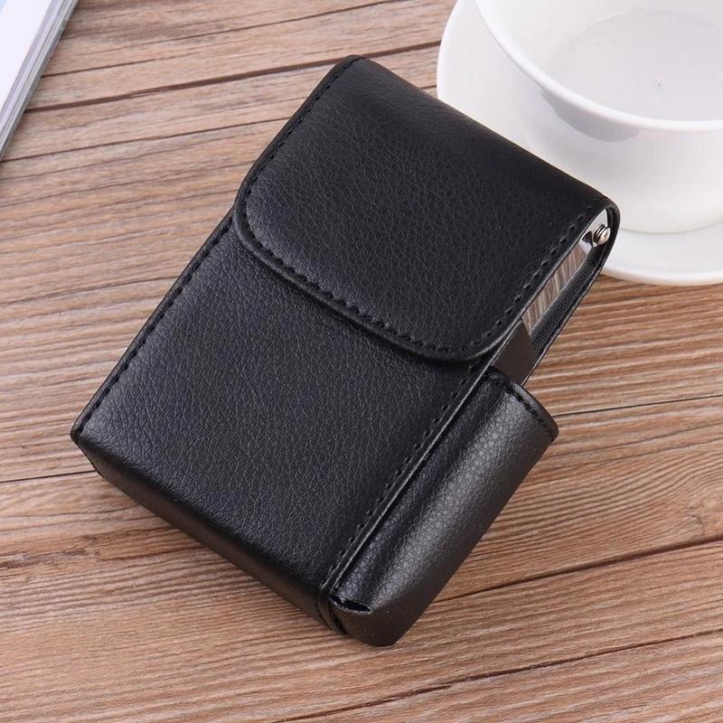 Stainless Steel + PU Leather Cigarette Case with Lighter Pocket Cigarette Pack Convenient Storage Bag Waterproof PVC Bag