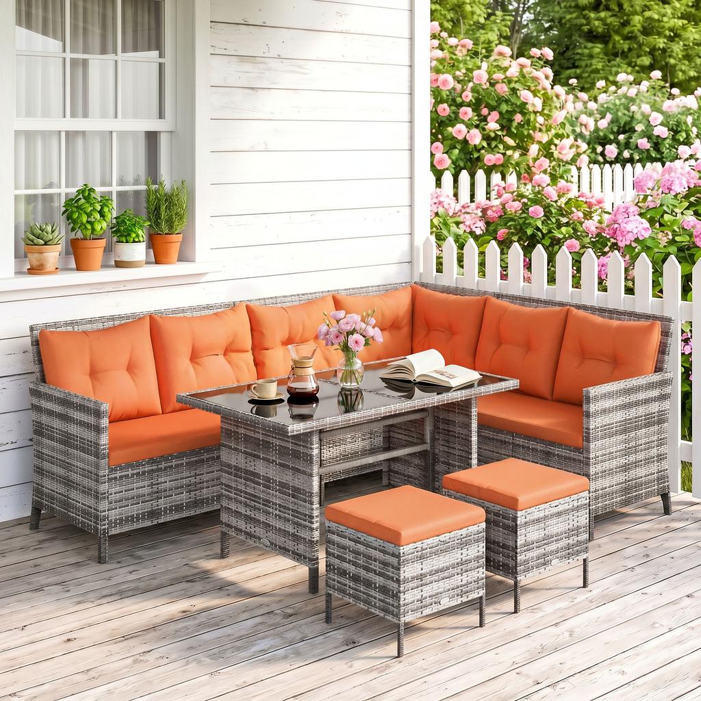 7-Seater Patio wicker Sofa Set Rattan Chair Furniture w/ Glass & Cushioned, Orange