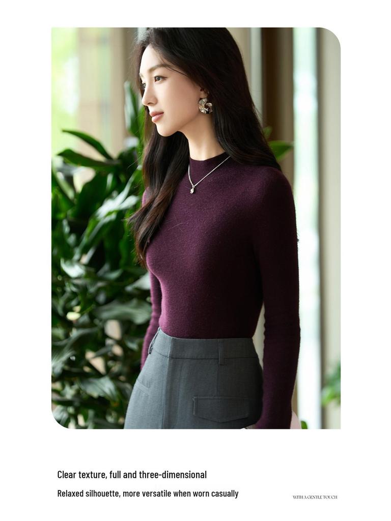 Autumn Women's Half High Neck Knitted Wool Sweater - Slim Fit, Long Sleeve, Plus Size, Elegant Top