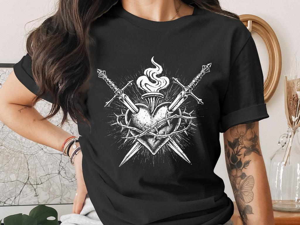 Sacred Heart T-Shirt, Gothic Flaming Heart Tattoo Style Tee, Edgy Alt Spiritual Cross Swords Grunge Graphic Shirt for Him Her